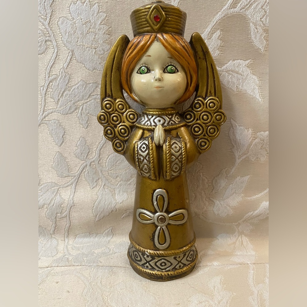 Vintage 1960's Paper Mache Angel Figure Gold Red Rhinestones 8" Xmas Japan